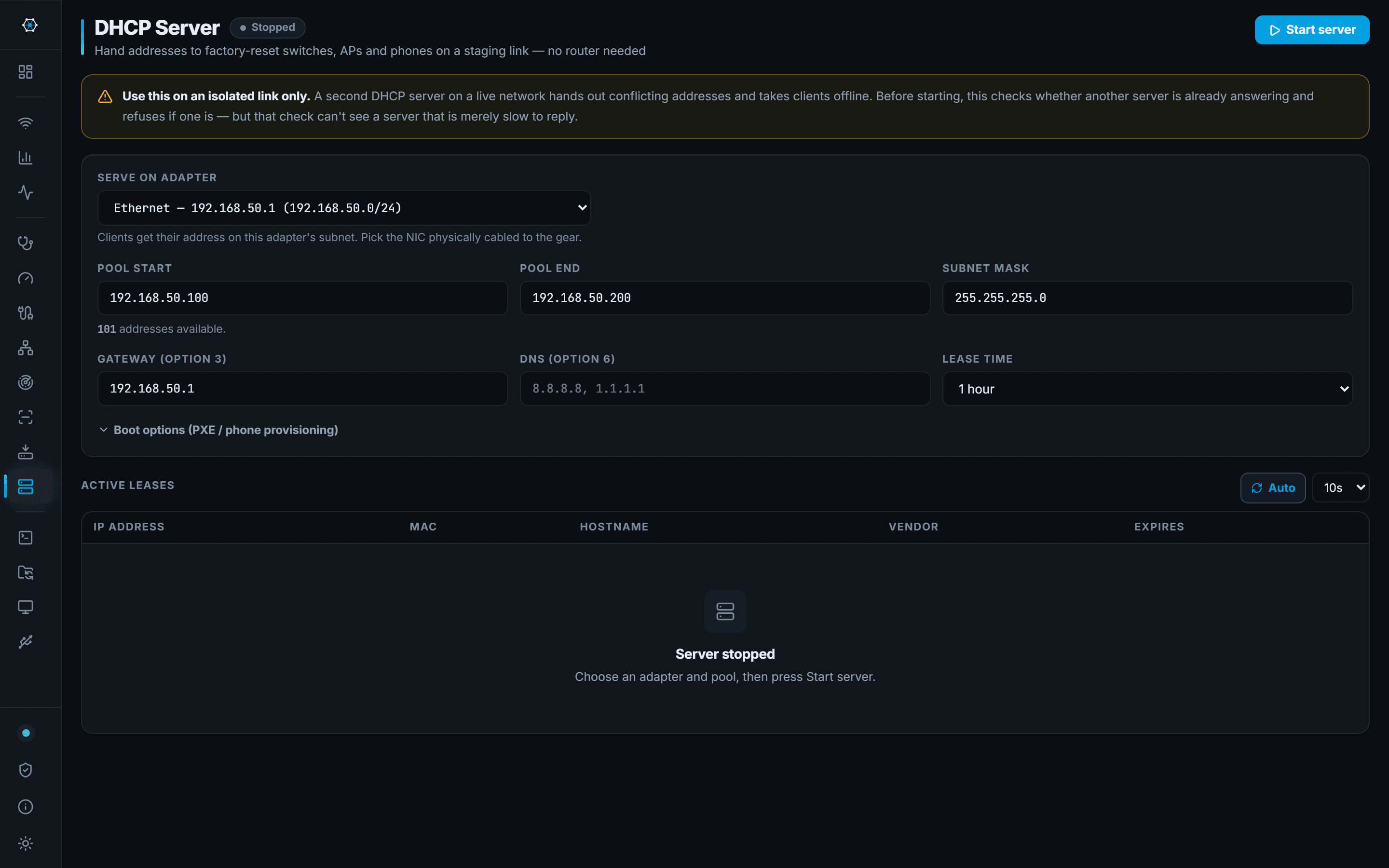 DHCP Server: A temporary DHCP server for staging equipment on an isolated link.
