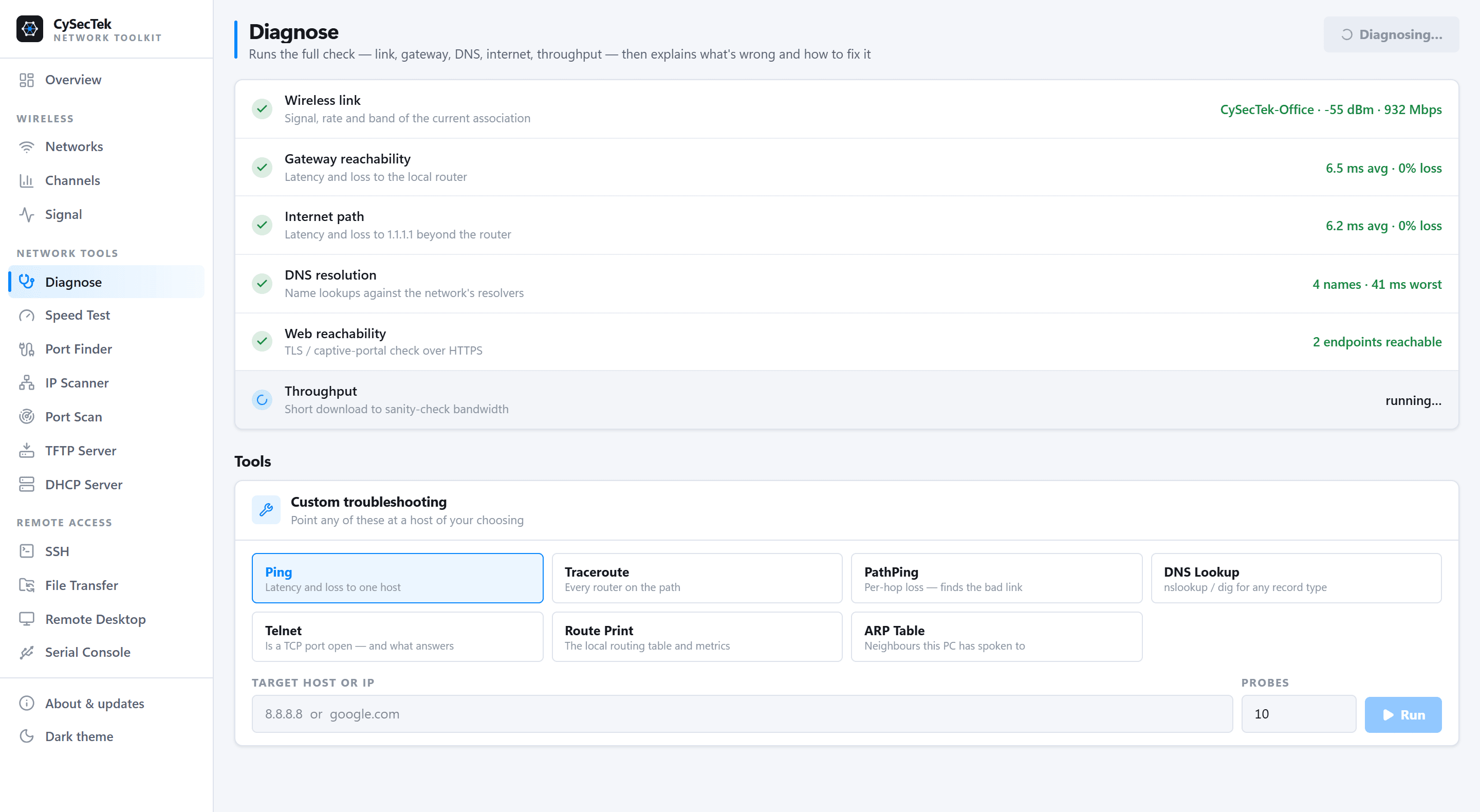 Diagnose — full check and custom troubleshooting tools