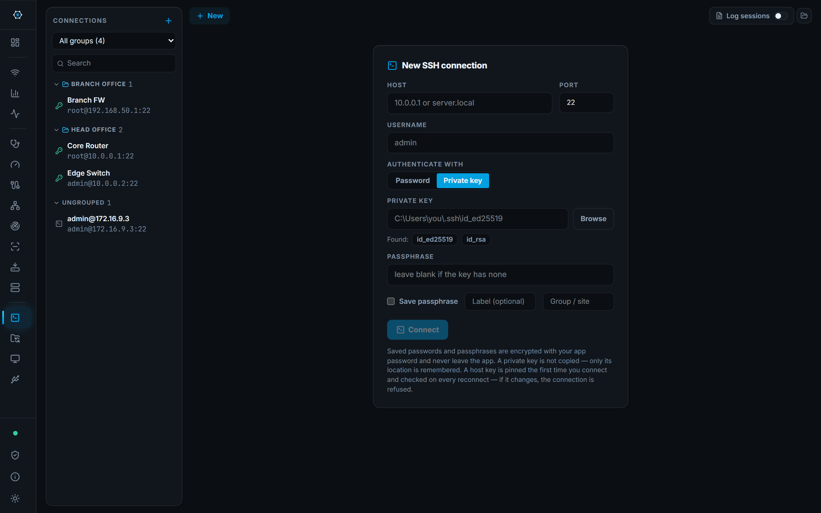 SSH: A tabbed SSH terminal with saved connections and encrypted credentials.