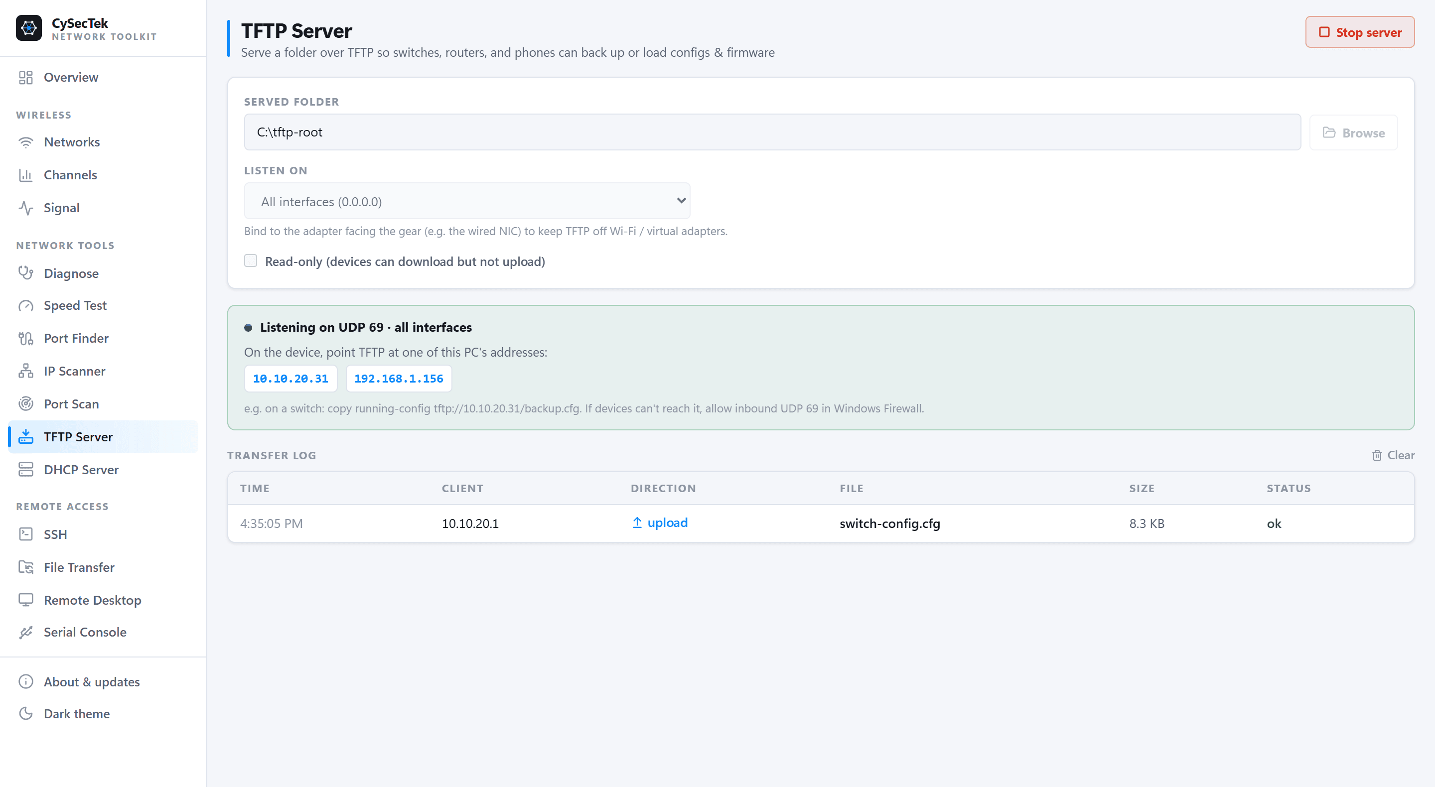 TFTP Server — serve a folder to switches and phones