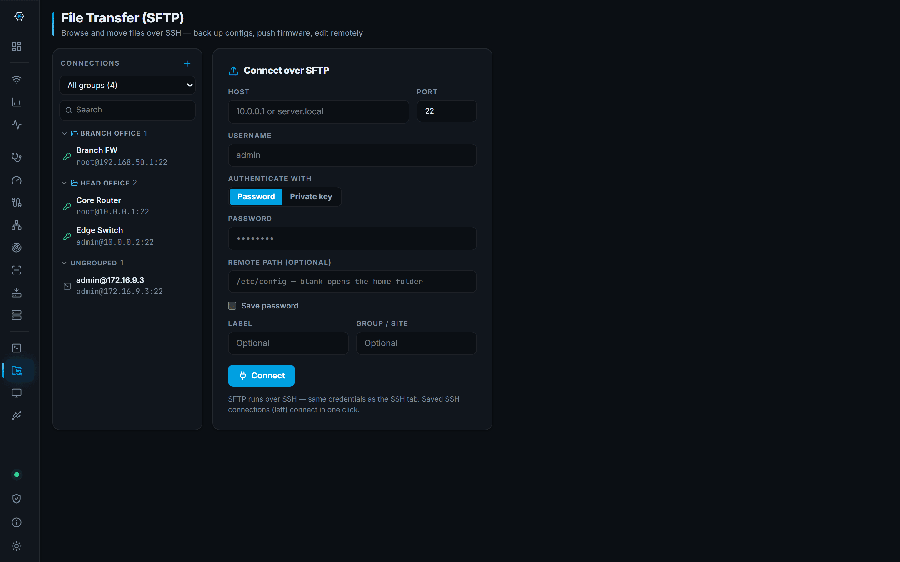File Transfer: An SFTP browser with an editor, sharing the SSH connection list.