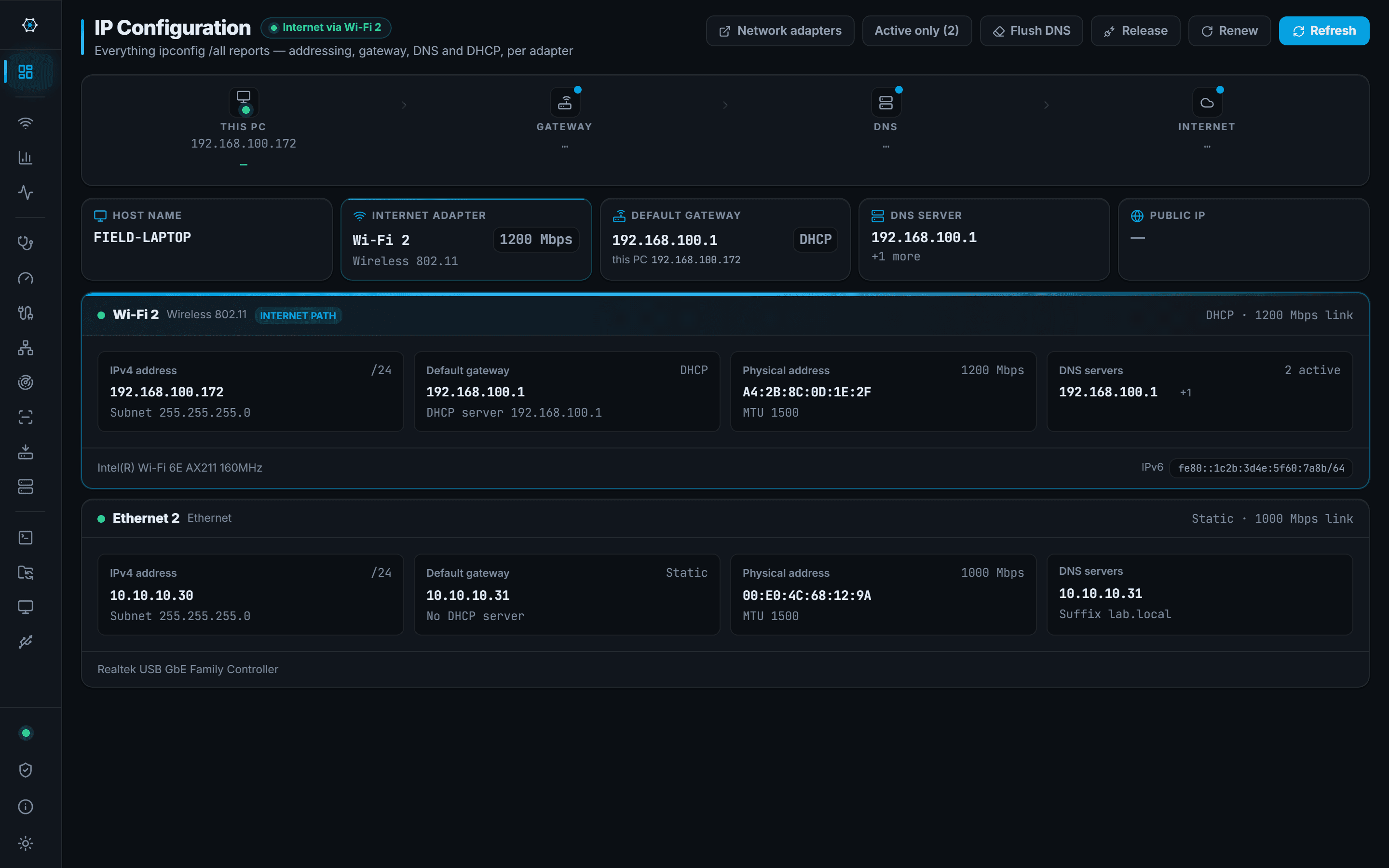 The CySecTek overview screen showing host name, adapter, gateway, DNS and per-adapter IP configuration